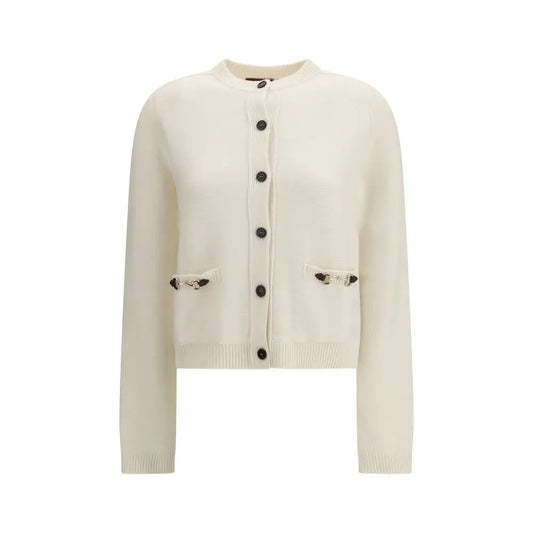 Beige uld cardigan fra Gucci med sorte knapper og hestbit-hardware