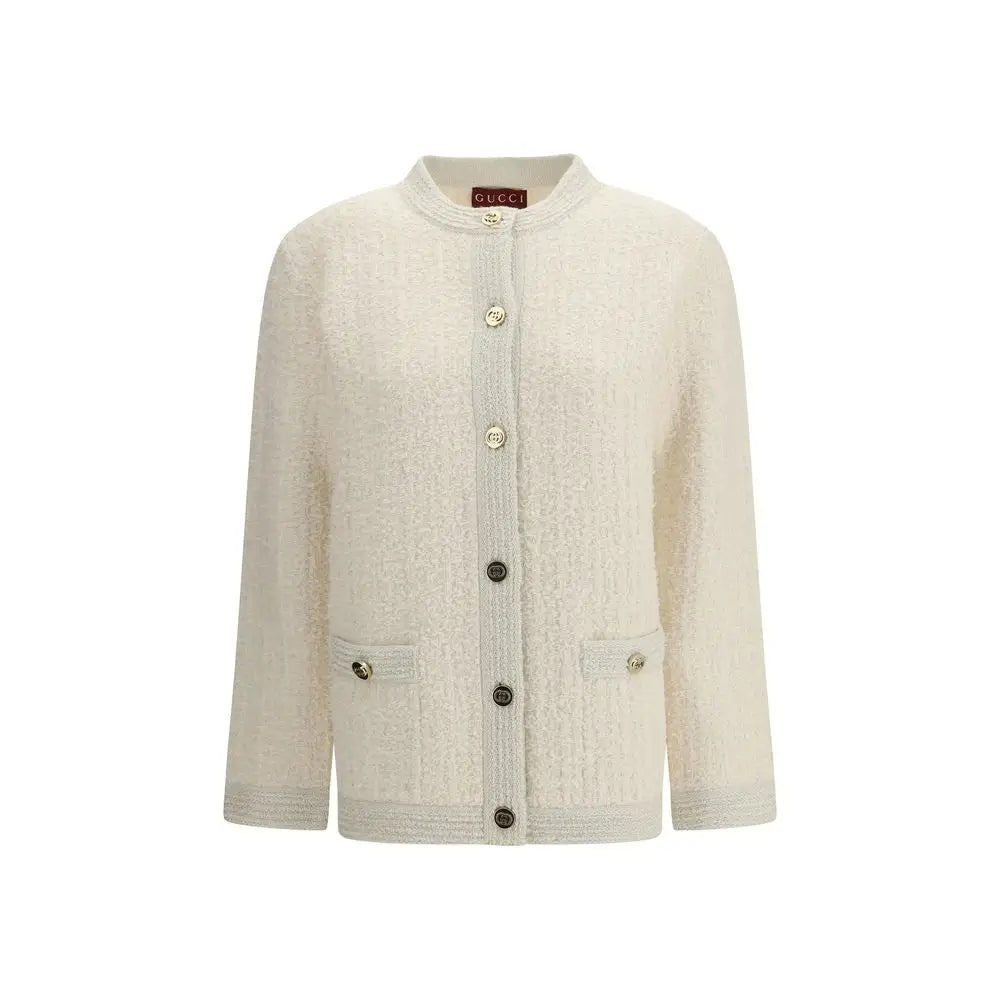 Gucci beige uldstof cardigan i cremfarvet tweed med ståkrave og knapfront
