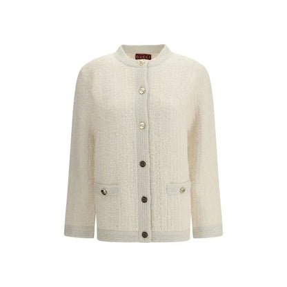 Gucci beige uldstof cardigan i cremfarvet tweed med ståkrave og knapfront