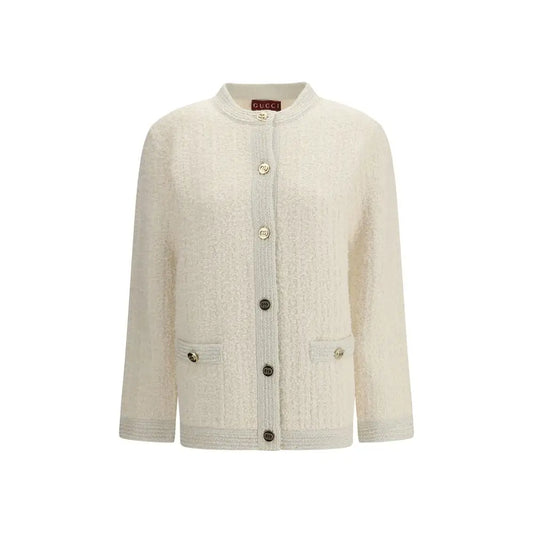 Gucci beige uldstof cardigan i cremfarvet tweed med ståkrave og knapfront