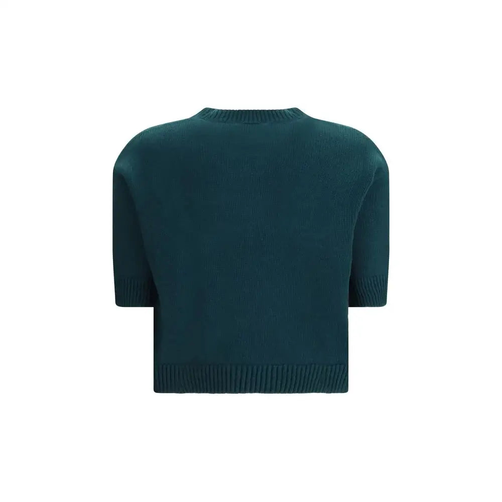 Mørk teal Gucci bicolor wool top med kortærmet strik og ribkante