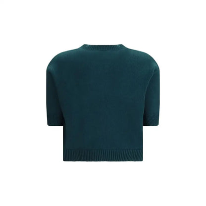 Mørk teal Gucci bicolor wool top med kortærmet strik og ribkante