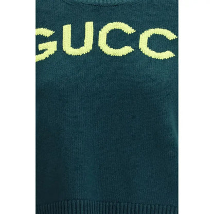 Mørk teal Gucci sweater med neon gul strikket bogstav på brystet, Gucci bicolor wool top