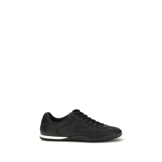 Gucci black calf leather Bos Taurus low top sneakers with white sole and red laces