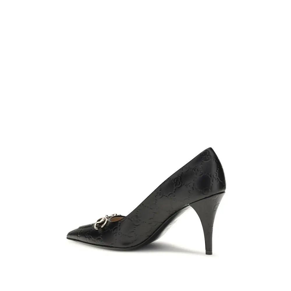 Sort Gucci black calf læder Bos Taurus mid hæl pumps med GG monogram og horsebit spænde