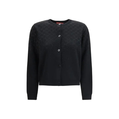 Gucci black wool cardigan med GG-mønster og sølvknapper