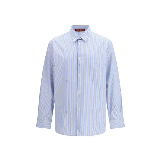 Gucci light blue cotton shirt with white stripes and embroidered details