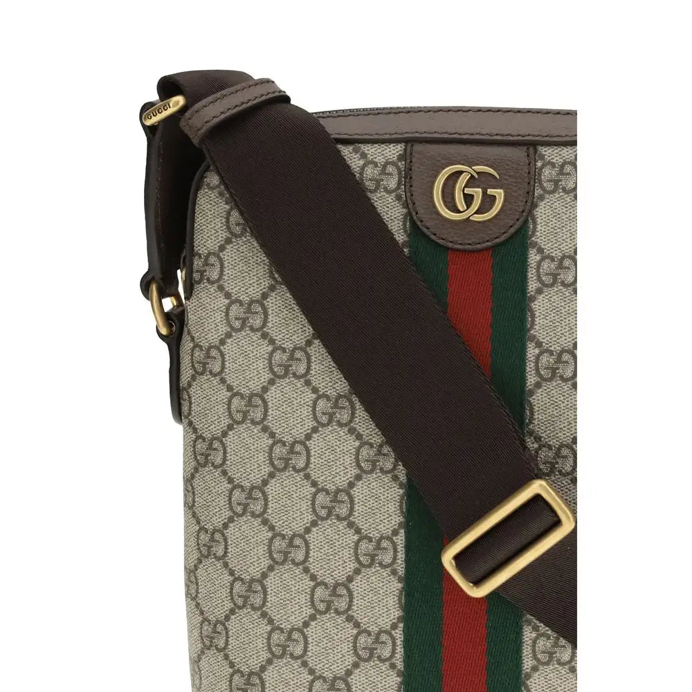Gucci multicolor fabric shoulder bag med brunt læderrem og logo