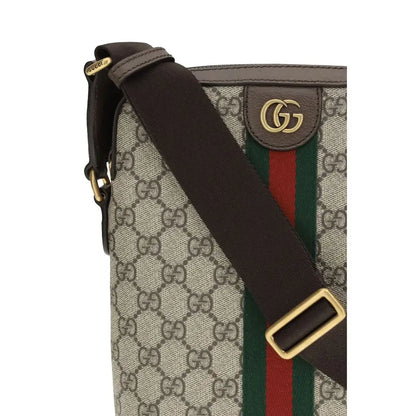 Gucci multicolor fabric shoulder bag med brunt læderrem og logo