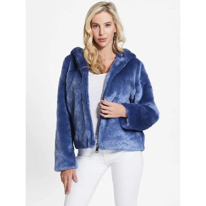 Vibrant Guess Blue Marabou Coat i kong blå faux pels med hætte