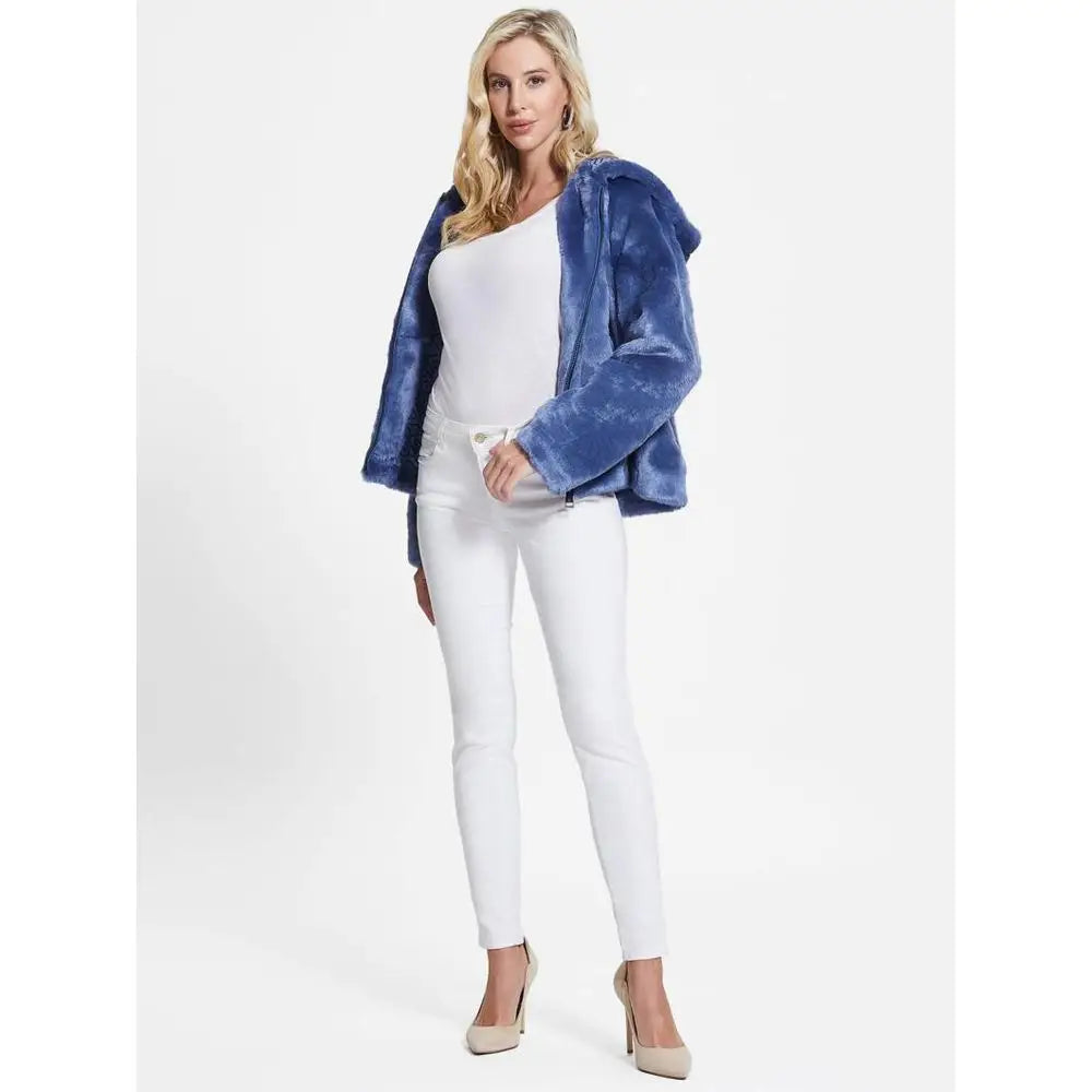 Guess Blue Marabou Coat: vibrant blå faux pelsjakke med hætte