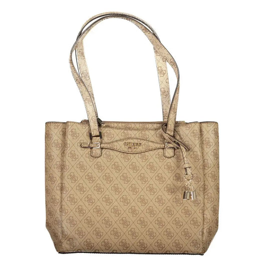 Guess jeans beige tote med gentagende logo og metalbeslag