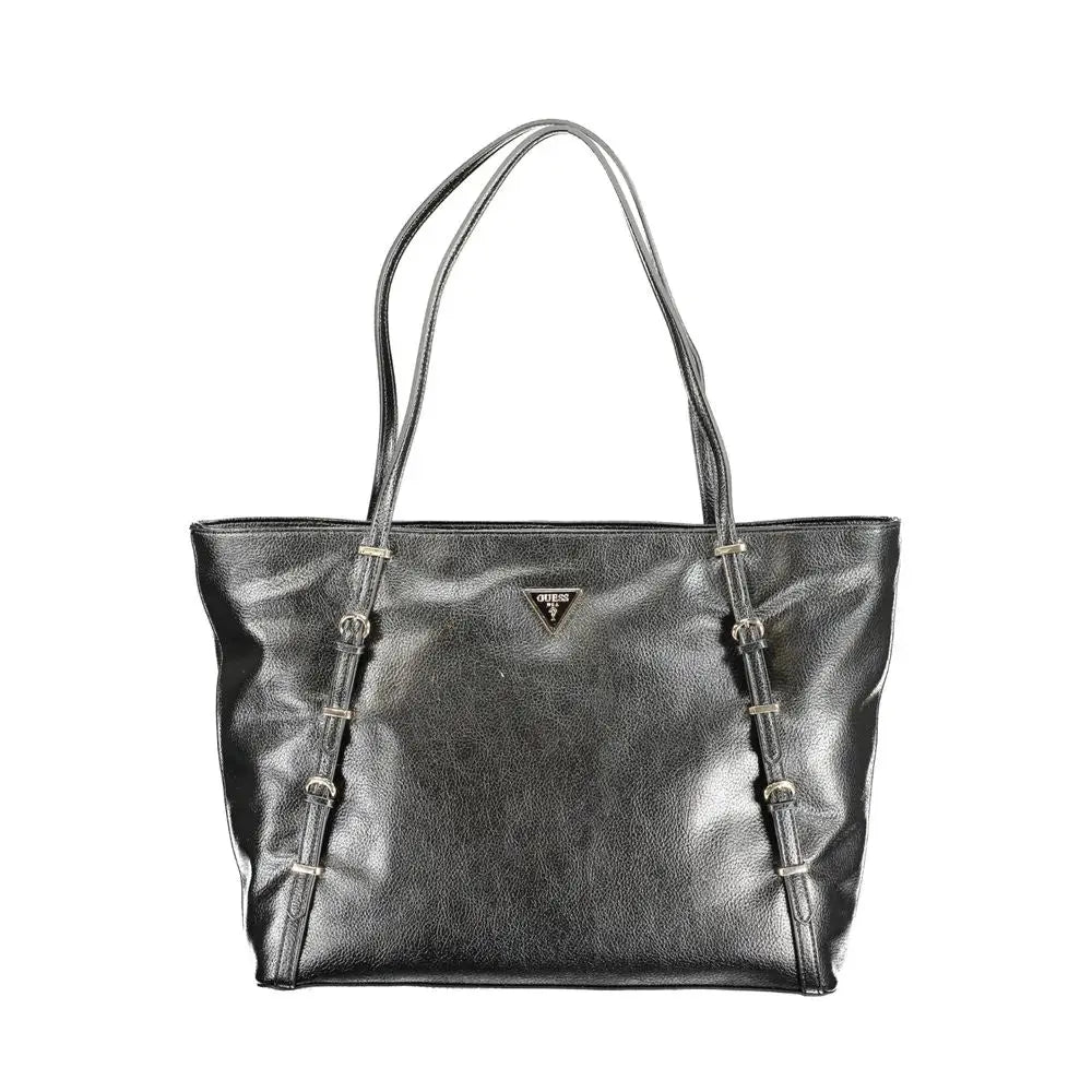 Sort svart Guess Jeans tote taske med sølv hardware og trekantet logo