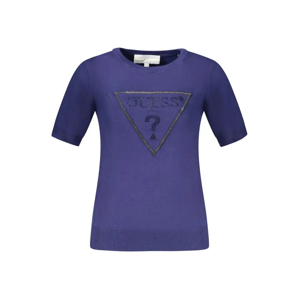 Lilla Guess strikketop med rhinesten-logo, blå viscose women sweater