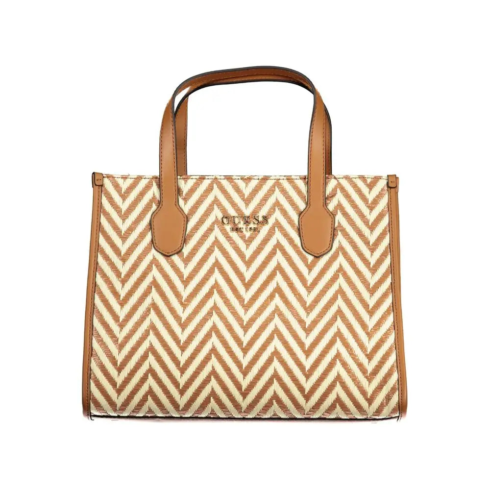 Beige og tan chevron-mønstret Guess Jeans brun bomuldshåndtaske