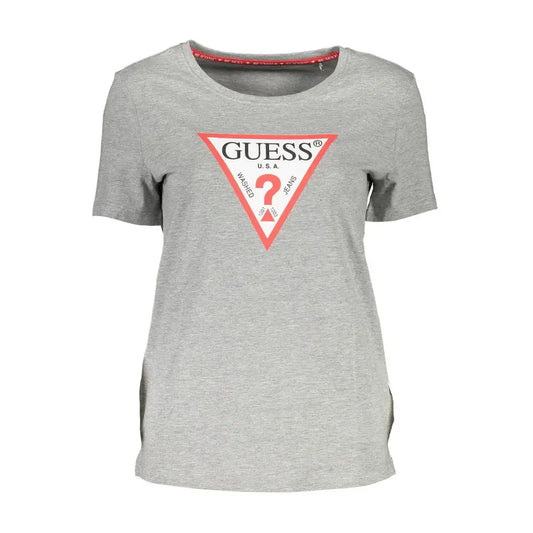 Grå hejret Guess T-shirt med rødt-hvidt trekantlogo, washed jeans tekst og spørgsmålstegn i grigio bomuld