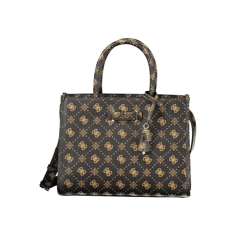 Guess jeans marrone poliuretano woman handbag with black design and gold monogram