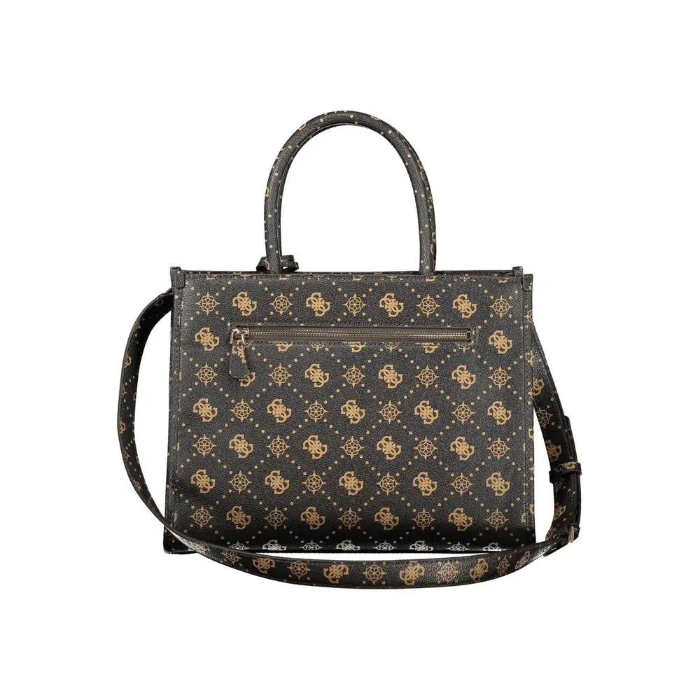 Guess jeans marrone poliuretano woman handbag with black design, gold logo pattern and textured surface