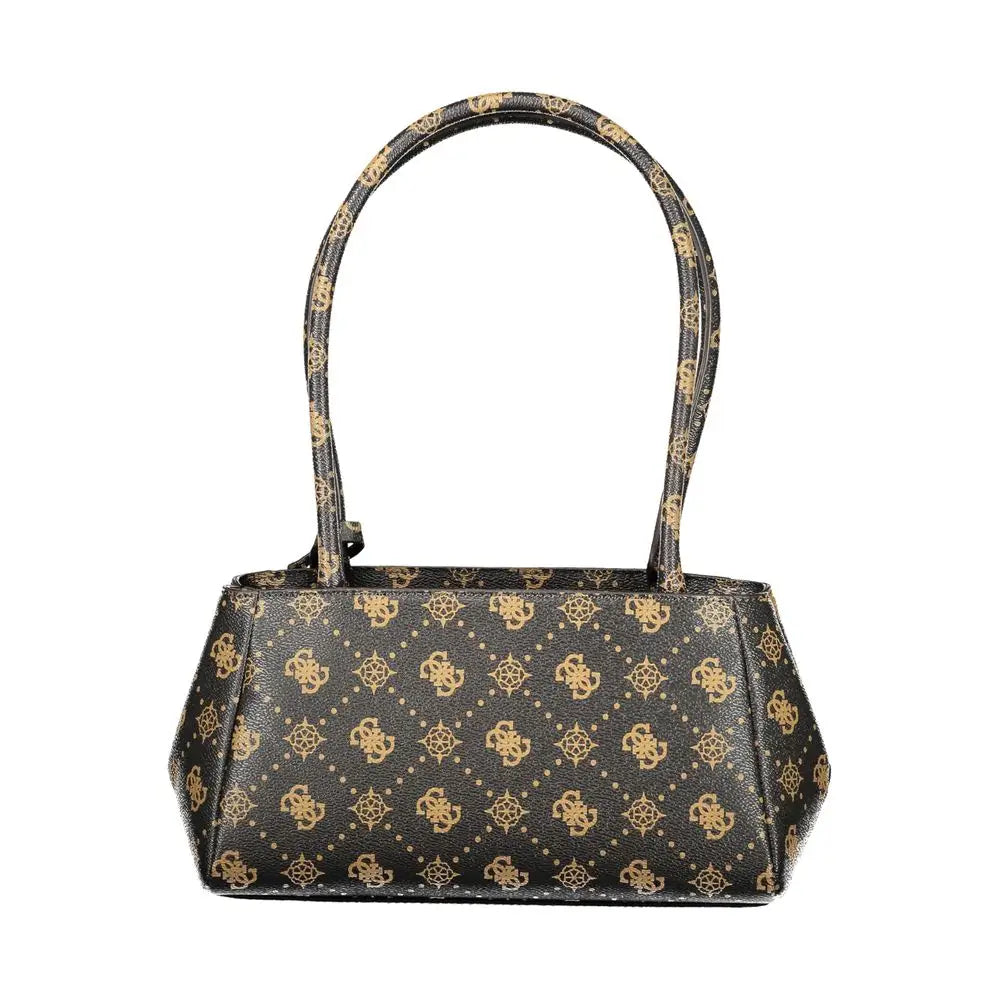 Guess Jeans Marrone Poliuretano women handbag with black body, gold-toned repeating logo pattern and matching handles