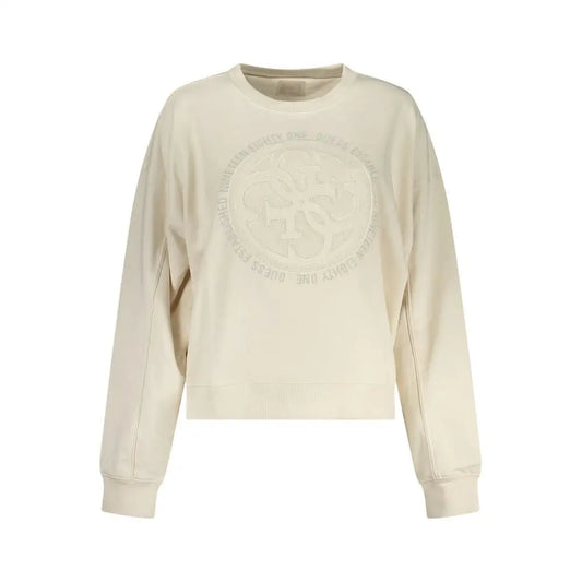 Cream-colored Guess Jeans white cotton women sweatshirt with circular embroidered logo