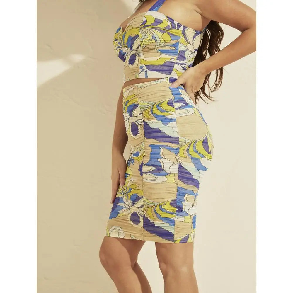 Guess multicolor polyamide mini skirt med abstrakt blomstermønster i blå, gul, lilla og beige