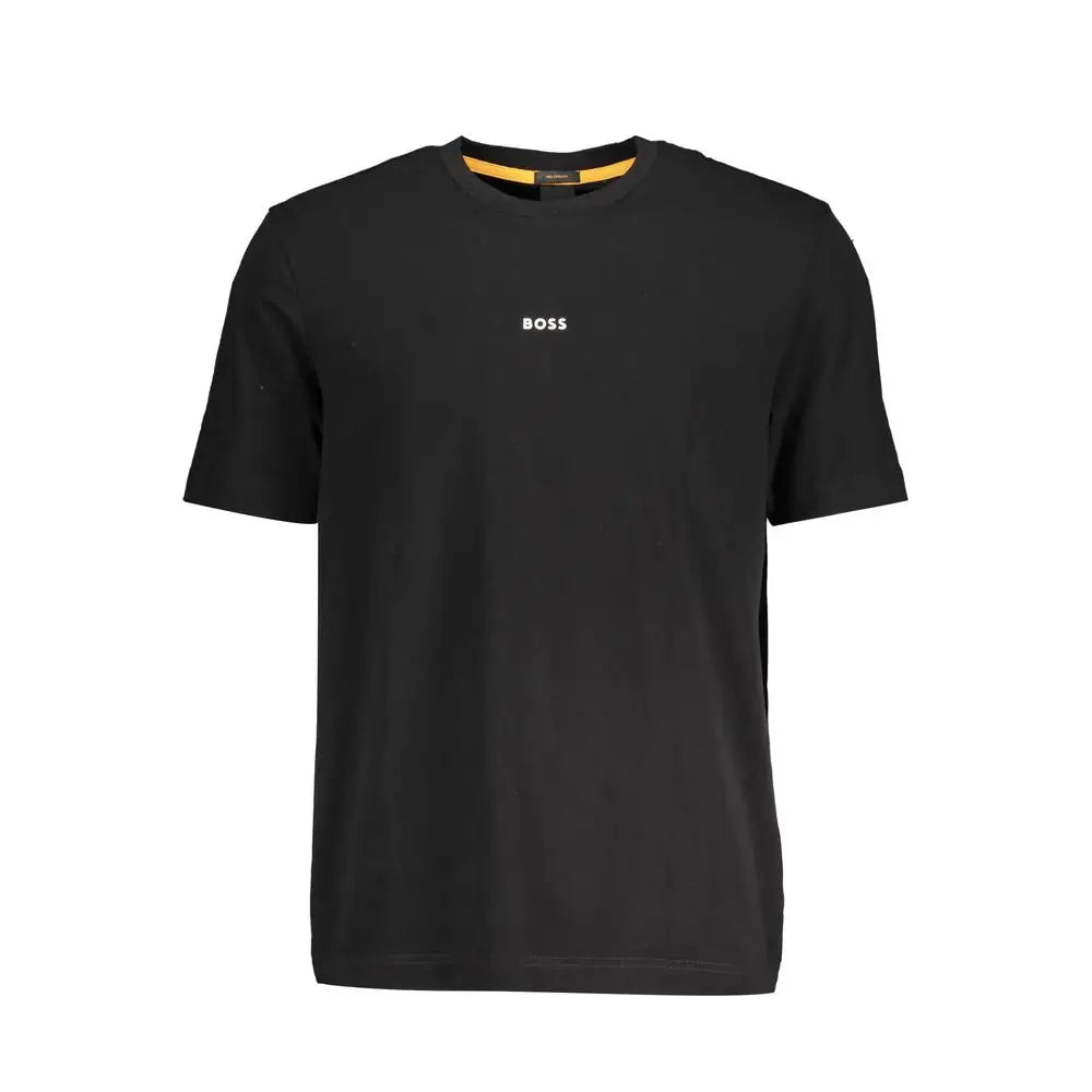 Hugo Boss sort bomuldst-shirt med hvid boss-logo og gul kraveforing. 100% originale brands fra outlet mærkevarer