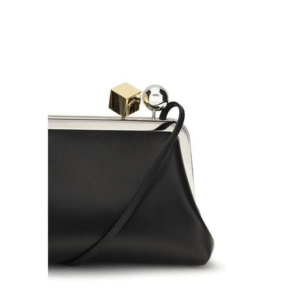 Jacquemus black lamb ovis aries clutch with silver frame and gold cube clasp