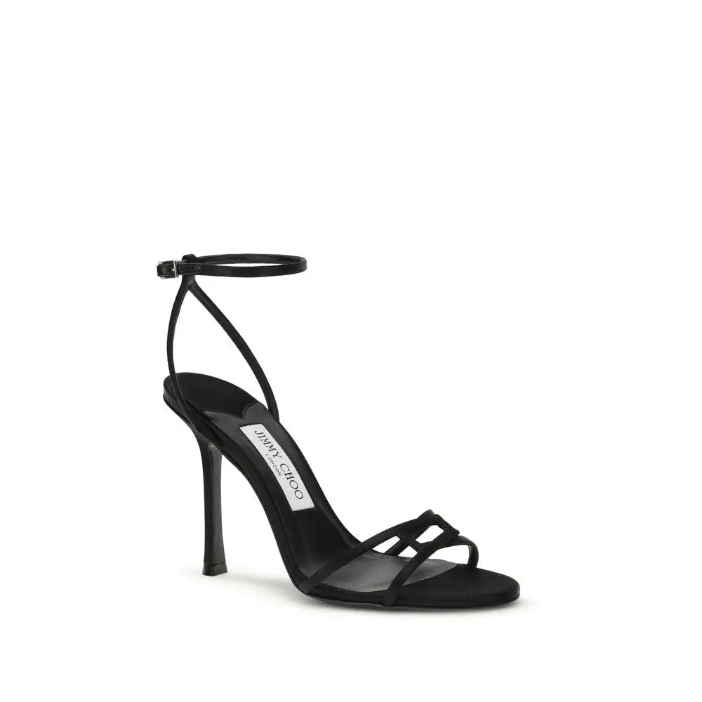 Jimmy Choo sorte satin strappy højhælede sandaler med tynd ankelrem