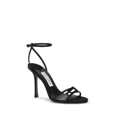 Jimmy Choo sorte satin strappy højhælede sandaler med tynd ankelrem