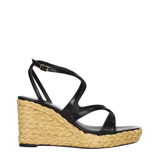 Jimmy choo black leather wedge sandal med flettet stråplatform og kryds ankelsnor