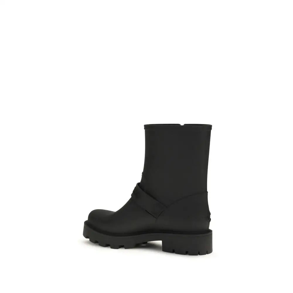 Jimmy Choo black polyurethane rain boots med chunky sål og stropdetalje