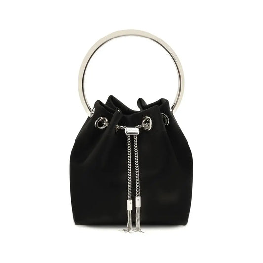 Jimmy Choo black silk bucket bag med sølv håndtag og kædefranser