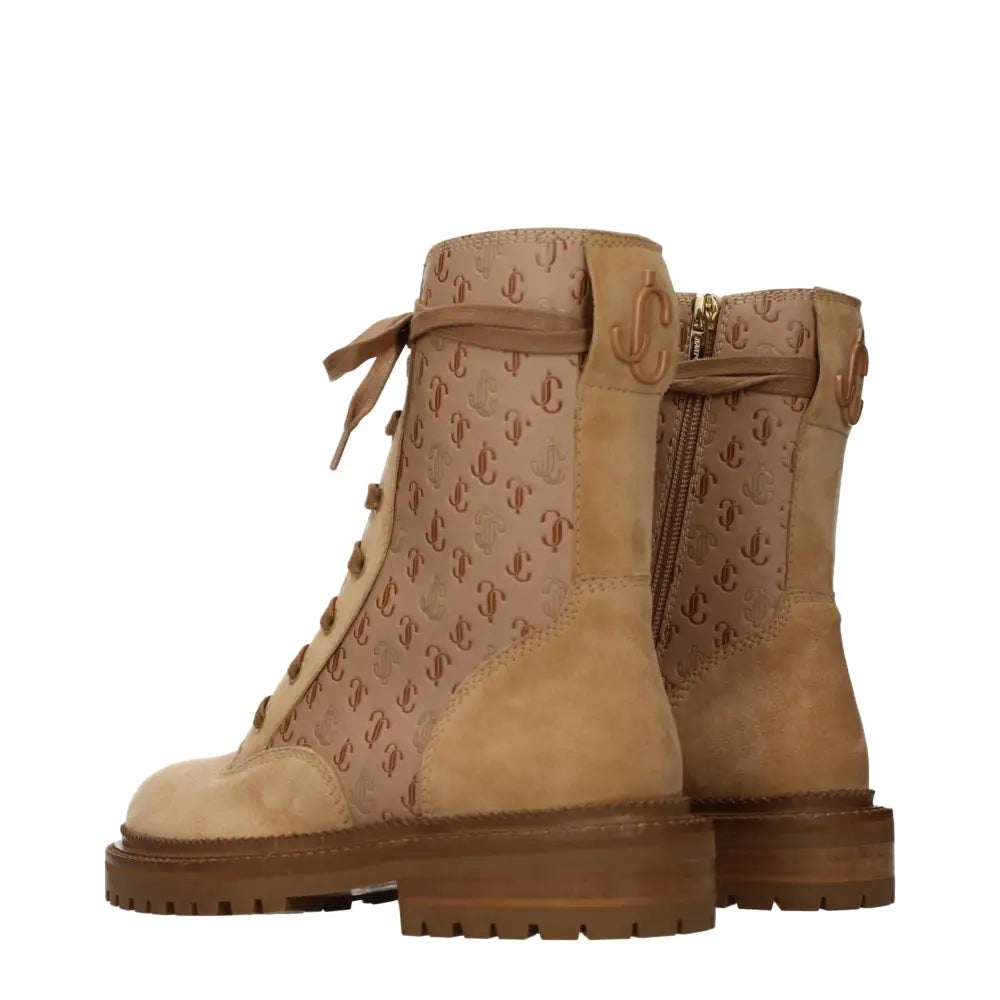 Jimmy choo’s brune tan suede combat boots med J-logo og guld lynlås
