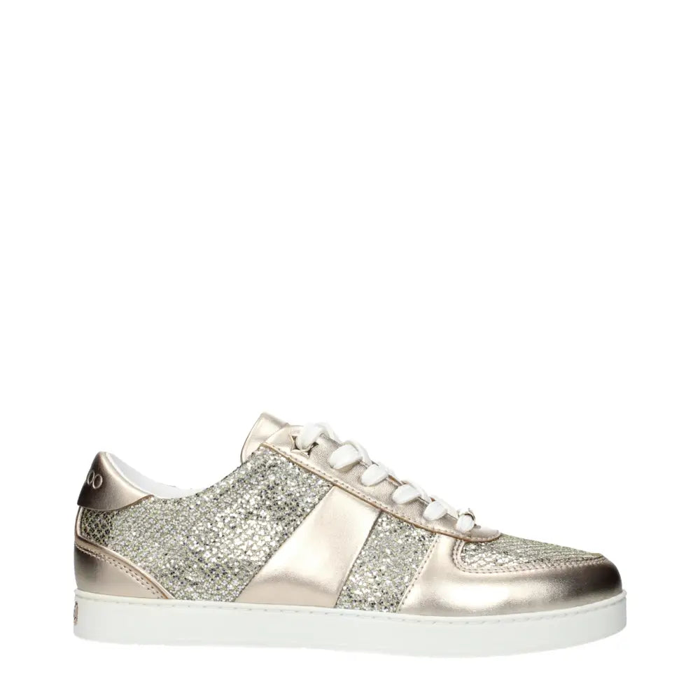 Jimmy Choo gyldne lædersneakers i skinnende metalguld med glitterpaneler