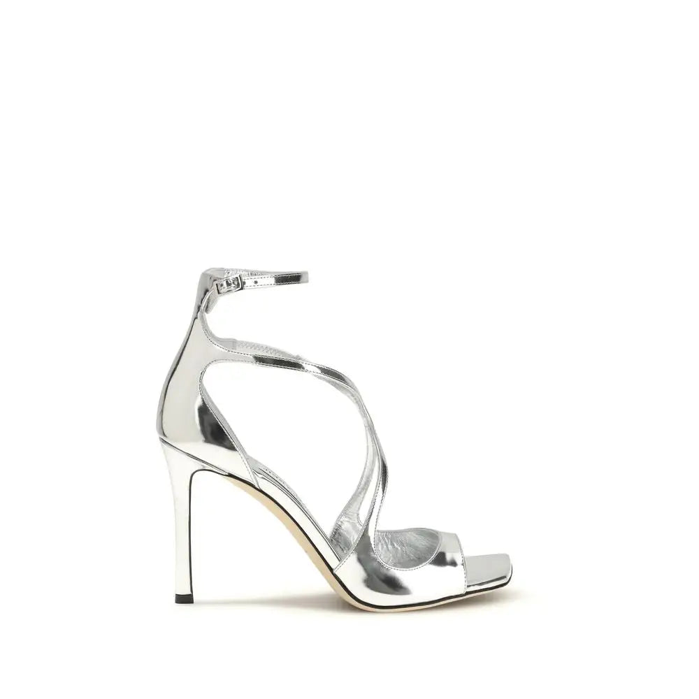 Jimmy choo silver stiletto heel sandals med krydsremme og firkantet tå