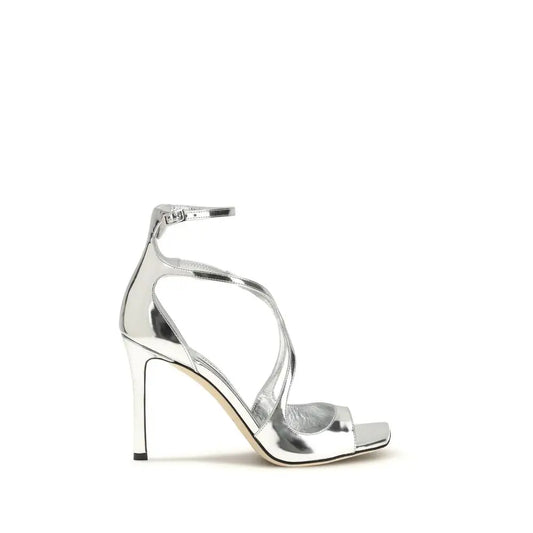 Jimmy choo silver stiletto heel sandals med krydsremme og firkantet tå