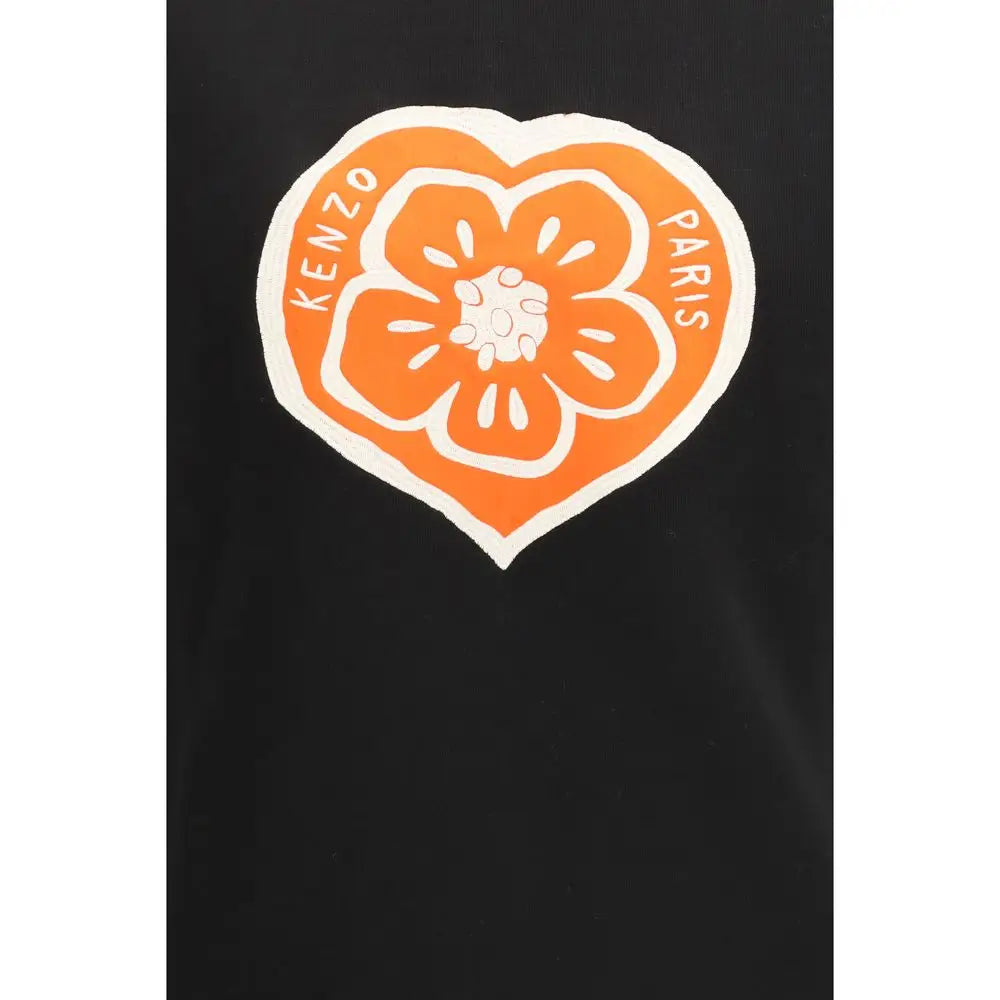 Kenzo sort trøje i sort bomuld med orange-hvidt hjerteblomst-motiv