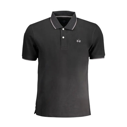 La Martina black cotton polo shirt med grå trim og logo