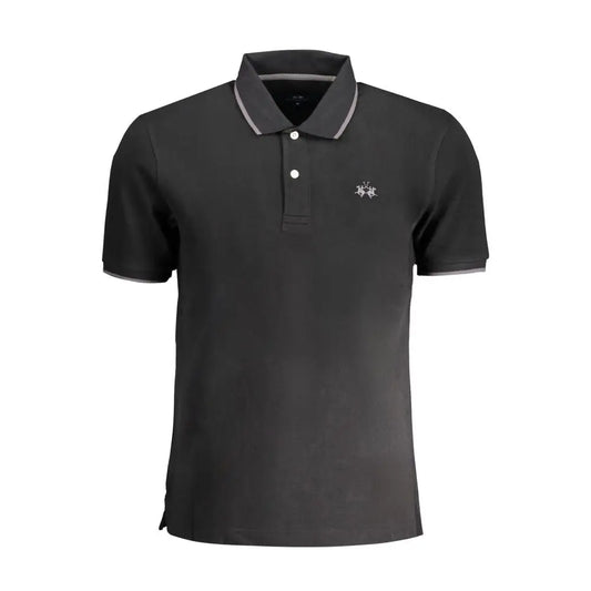 La Martina black cotton polo shirt med grå trim og logo