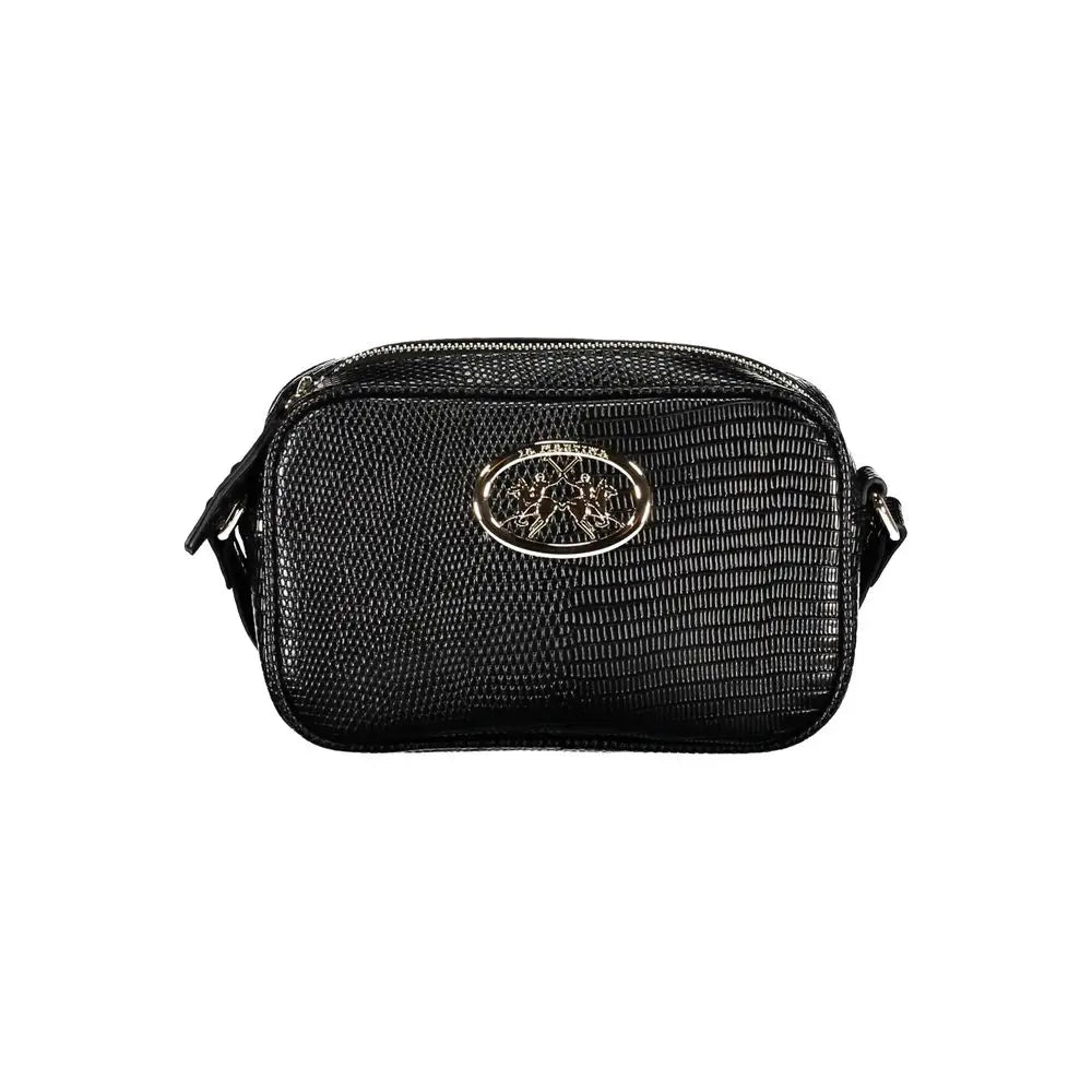 La Martina black polyethylene crossbody bag with textured finish and metallic oval emblem