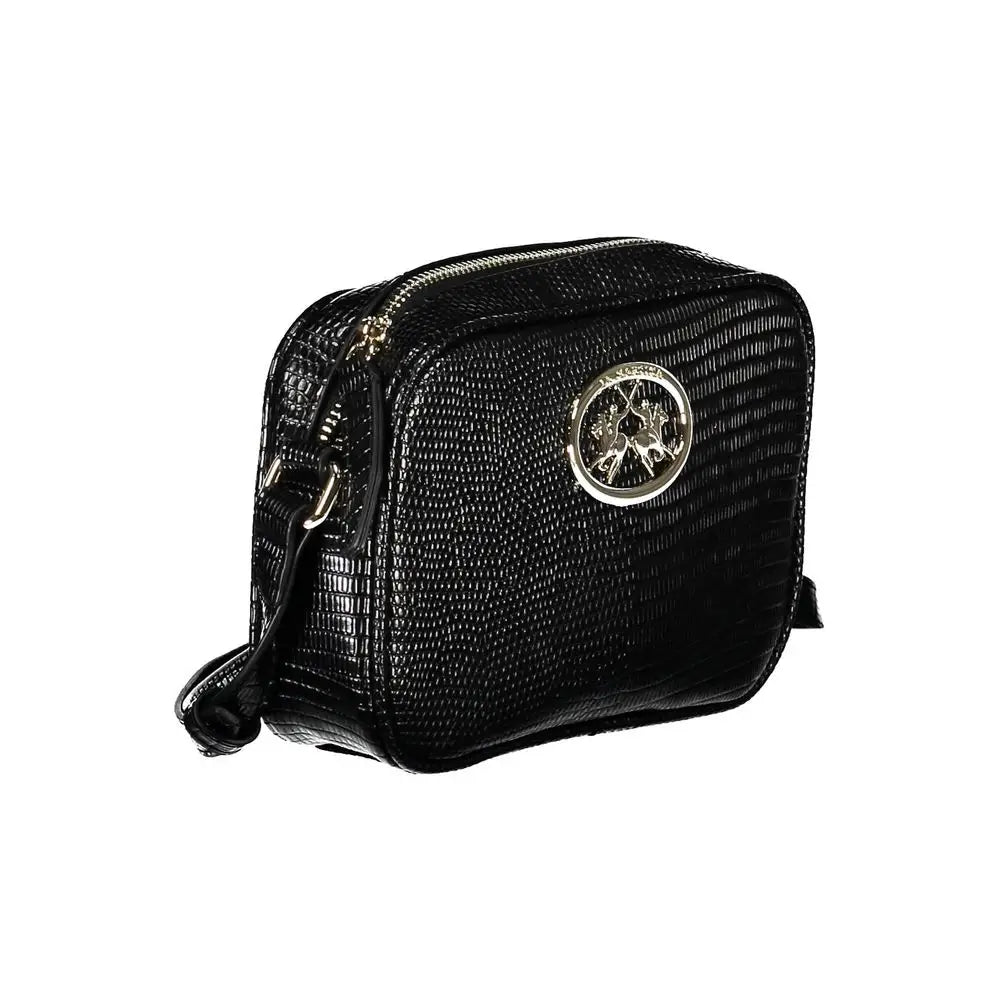 La Martina black polyethylene crossbody taske med sort krokodillempresset design og sølv cirkulært logo spænde