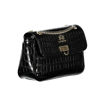 La Martina black polyethylene håndtaske med sort krokodillempresset design og guldtonet kæde