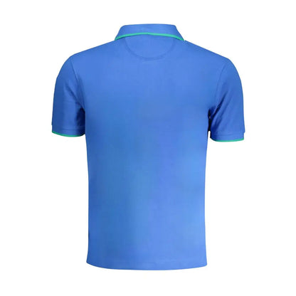 La Martina blue cotton polo shirt with green trim on collar and cuffs