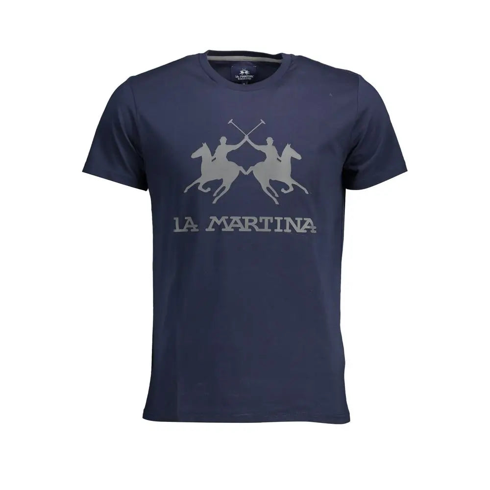 Navy blue La Martina chic crew neck cotton tee with silver horse riders graphic