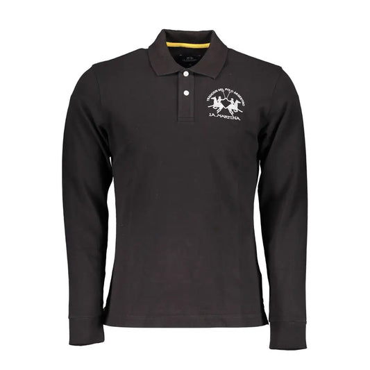 La Martina elegant long sleeved black polo shirt med hvid logo og gul krave
