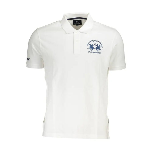 La Martina white cotton polo shirt med navy blå logo og rytterdesign
