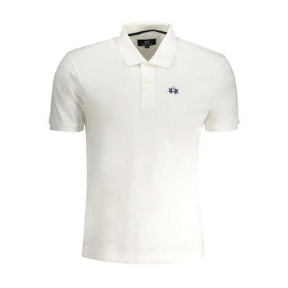 La Martina white cotton polo shirt med navy blåt logo