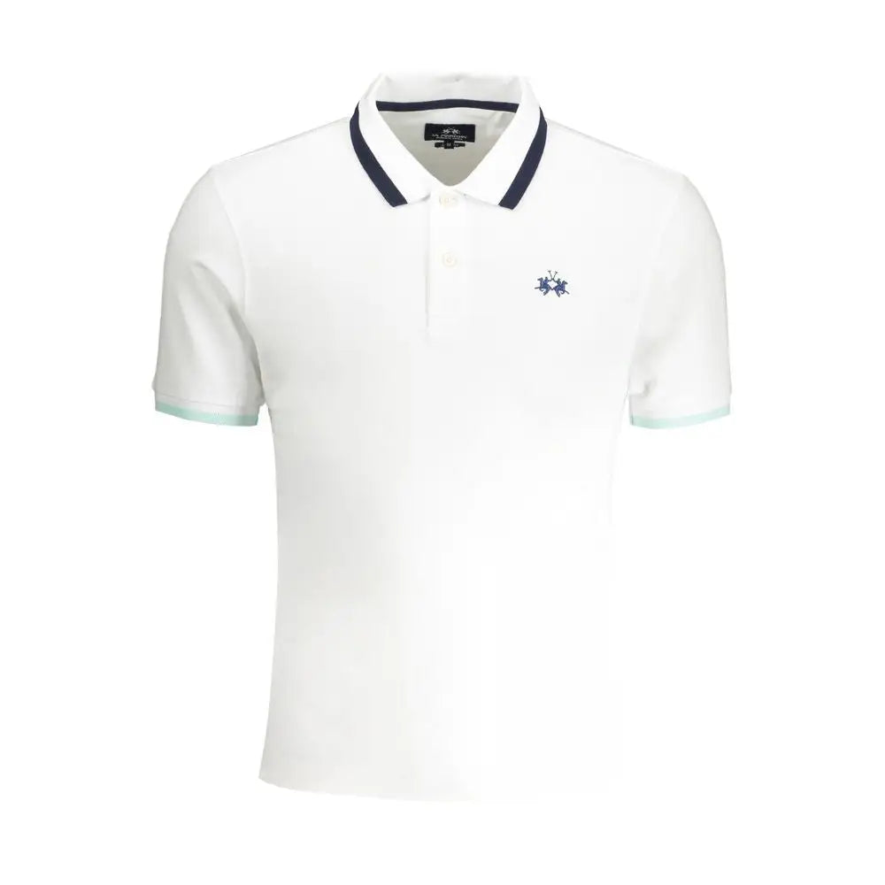 La Martina white cotton polo shirt with navy trim and green cuffs
