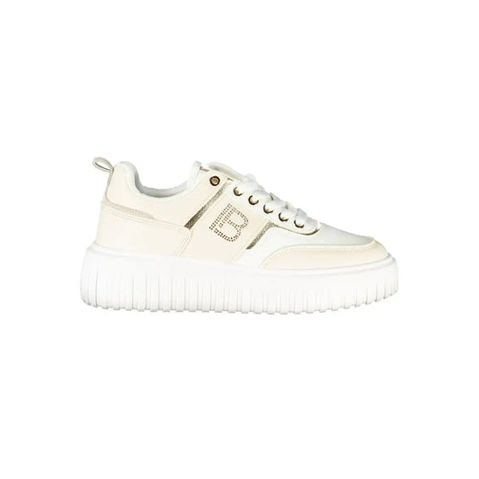 Creamfarvet Laura Biagiotti beige polyester sneakers med tekstureret hvid sål og guld bogstaver