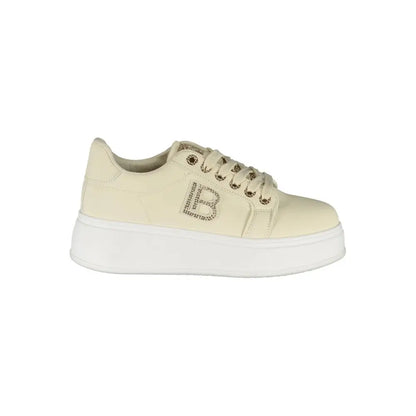 Creamfarvet Laura Biagiotti sneakers med hvid sål og rhinesten-B-logo